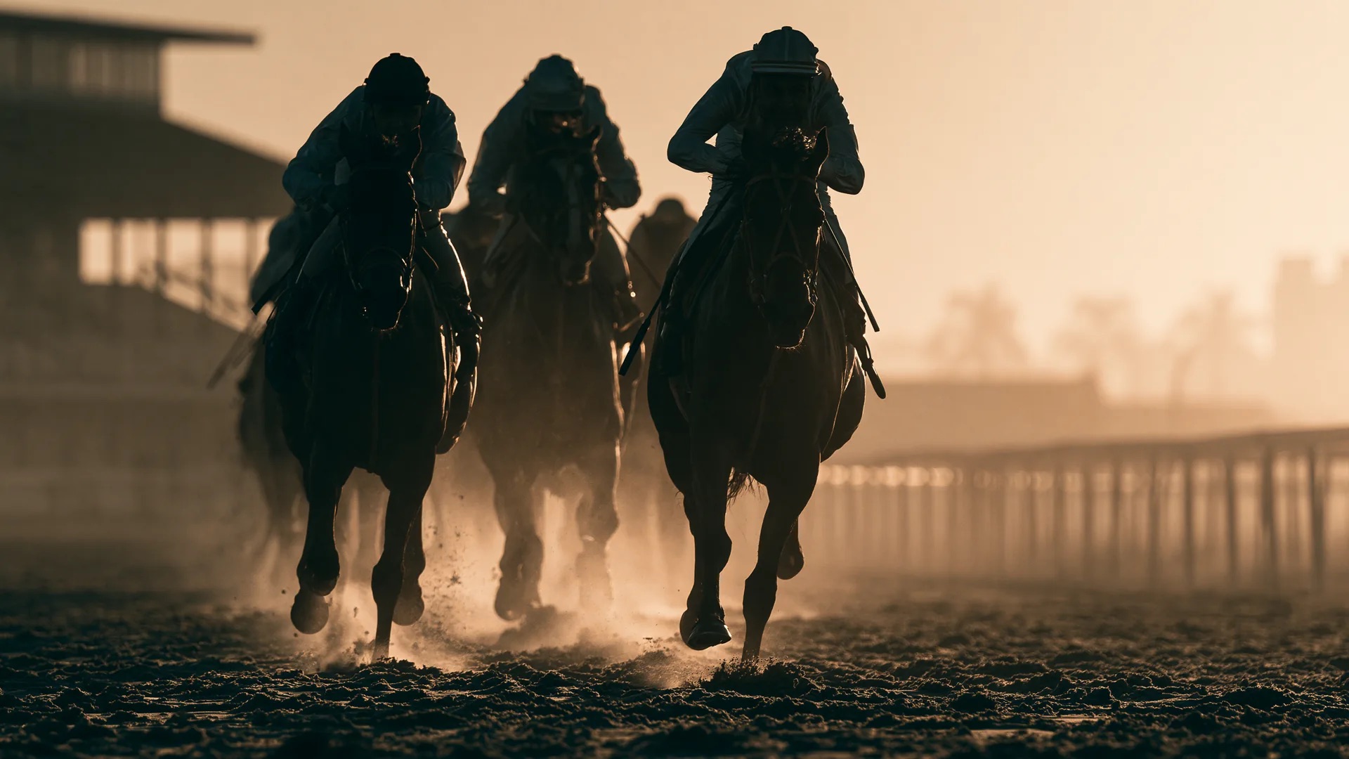 Cavalos e jóqueis em disputa em uma pista de areia, ao entardecer